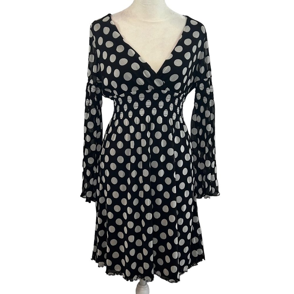 Like New BCBGMaxAria Black & White Polka Dot V-Neck Midi Dress Size Medi…